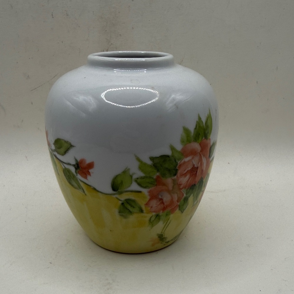 Vtg Hanso Painted Floral Porcelain Vase Flowers Yellow Bud Vase Cottage Decor - Picture 2 of 13
